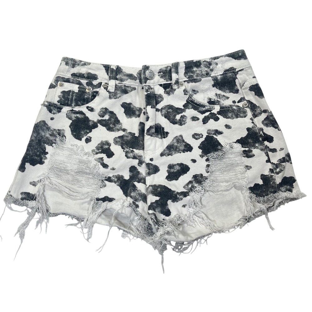 Blue Buttercup Cow Print Denim Shorts Women M White Black Distressed Western